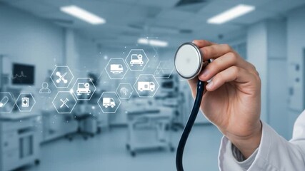 A medical professional holds a stethoscope, with floating health icons in front of a blurred hospital background - Powered by Adobe