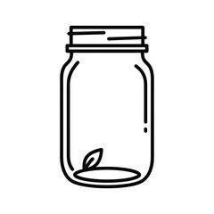 A line art illustration of an empty mason jar with a small leaf inside