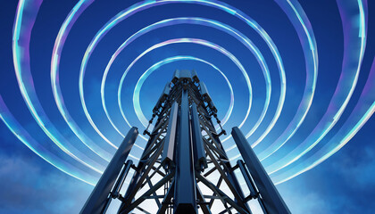 Cutting-Edge cell tower transmitting data with vibrant energy and futuristic appeal, representing the future of wireless communication networks globally