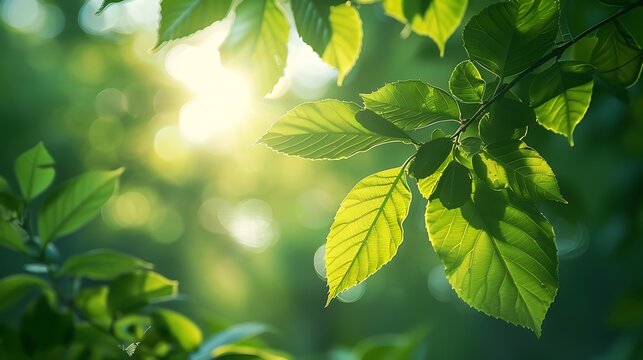 Sunlight shining through vibrant green leaves creating a bokeh effect in a natural environment