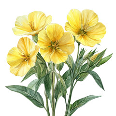 Evening Primrose Flower, watercolor drawing vector, isolated on a white background.