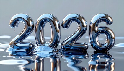 3D liquid chrome metallic numbers morphing from “2025  to 2026,” reflective fluid surface, black studio backdrop, sleek futuristic style