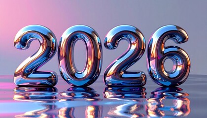 3D liquid chrome metallic numbers morphing from “2025  to 2026,” reflective fluid surface, black studio backdrop, sleek futuristic style