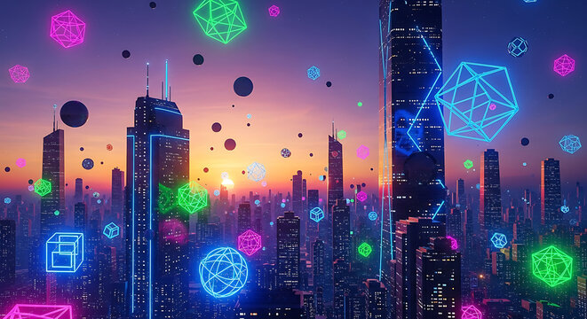 Futuristic neon cityscape with floating geometric shapes at sunset
