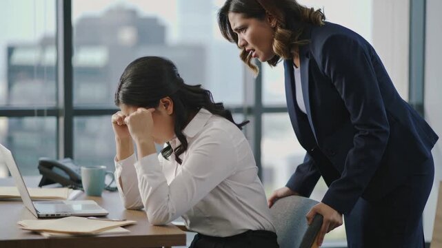 Stressed office worker golding head with hands and angry screaming supervisor standing behind and giving more workload and pressure.Slow Motion Video.AI Generative.