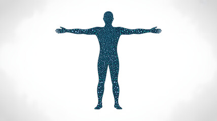 Abstract digital human silhouette with arms outstretched against a subtly textured white background representing technology and connection