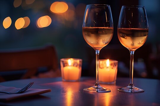 Two wine glasses and candles on a table creating a romantic and intimate dining atmosphere at night