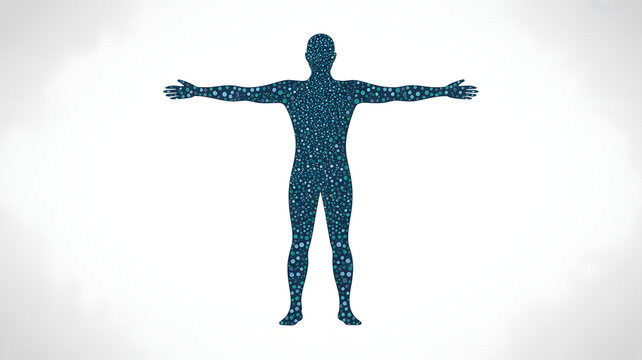 Abstract digital human silhouette with arms outstretched against a subtly textured white background representing technology and connection