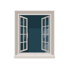 An open window with a view into the dark night.