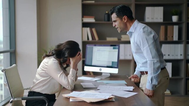 Stressed office worker golding head with hands and angry screaming supervisor standing behind and giving more workload and pressure.Slow Motion Video.AI Generative.
