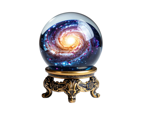A luminous galaxy displayed within a crystal ball on an ornate golden stand - Powered by Adobe