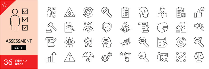 Assessment icons set. Includes symbols of checklists, evaluation forms, ratings, tests, reports, and performance reviews. Editable stroke. Vector illustration. Outline icons. Perfect for education.