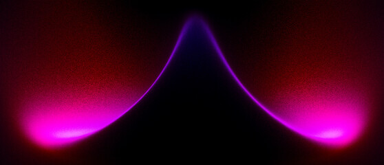 Dramatic symmetrical arcs of vibrant magenta neon light reach upwards against a textured dark red and black background, creating an intense, electric focus.
