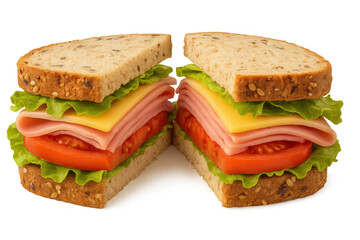 Ham and cheese sandwich cut in half, stacked with fresh lettuce, tomato, and whole grain bread on transparent background