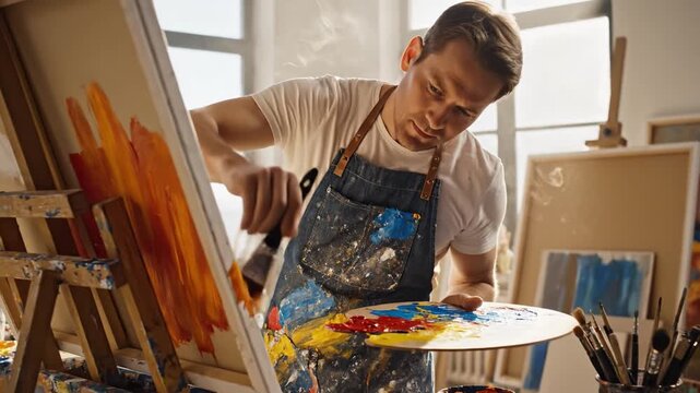 A concentrated male painter in an apron mixes paints on a palette in his sunlit studio. This scene evokes creativity, passion, and inspiration. Perfect for art blogs or workshop ads.