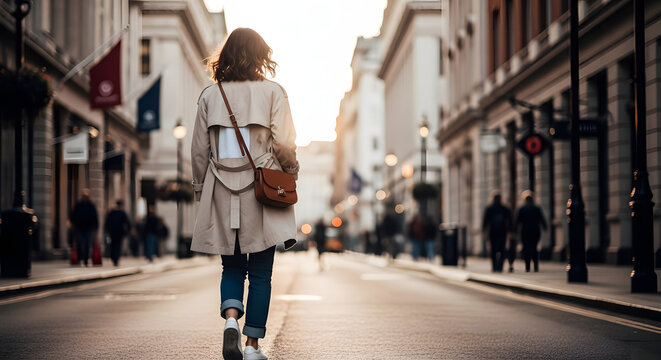 City Stroll: A woman strides confidently down a sunlit city street, a casual traveler enjoying the urban scenery, the architectural beauty of the town, and the golden hour glow.