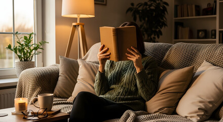 Cozy Reading Moment: A person is engrossed in a book, basking in the warm glow of a lamp and creating a haven of relaxation.