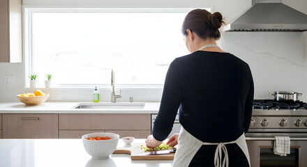 Culinary Craft: A person in a kitchen skillfully prepares a dish, their back to the camera, embodying culinary expertise and creativity in a modern, well-lit space.