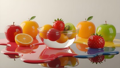 Naklejka premium Fresh Assorted Fruits in Glass Bowl with Colorful Reflections 