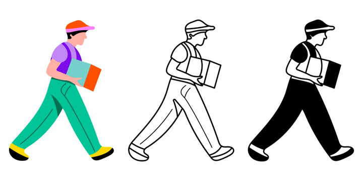 Delivery worker wearing uniform and holding parcel flat vector illustration