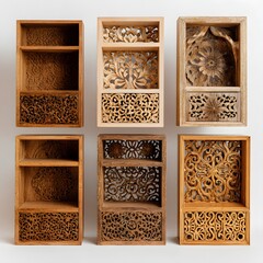 Six intricately carved wooden boxes with open shelves and decorative lattice fronts