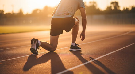 Athlete in Position: A runner takes position on a racetrack, bathed in sunlight.