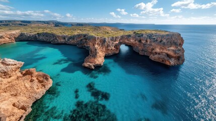 Aerial view of a rocky peninsula with a natural bridge over crystal clear turquoise waters