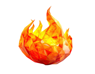 A vibrant, geometric rendering of a fire flame with multifaceted, crystal-like surfaces