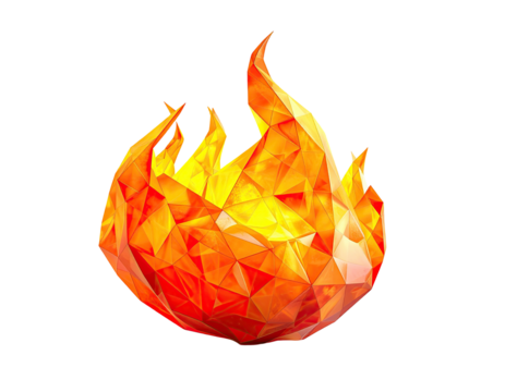 A vibrant, geometric rendering of a fire flame with multifaceted, crystal-like surfaces