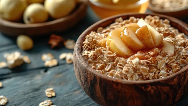 A wooden bowl filled with oatmeal and fresh apples, perfect for a healthy snack or breakfast