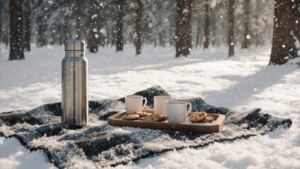 Cozy Winter Picnic with Hot Drinks in a Snowy Forest.