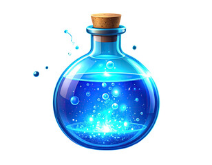 A round, translucent blue potion bottle, corked, with sparkling, effervescent liquid and bubbles