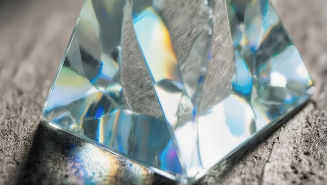 Close-up of a prism refracting light on a textured surface.