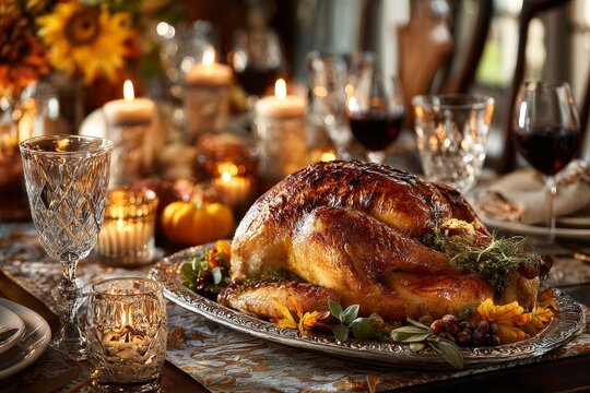 Golden roasted turkey with candlelit décor for festive holiday dining promotion