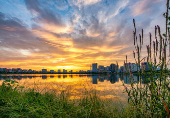 Cau Giay Park Lake Sunset, Hanoi Skyline Reflection