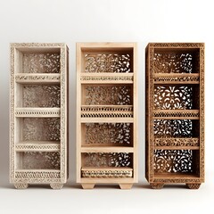 Three decorative wooden shelves with intricate patterns in different finishes
