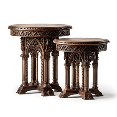 Two ornate antique wooden side tables with intricate carvings and marble tops