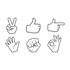Obraz premium Vector illustration set of six different human hand signs and gestures. Simple black outline icons isolated on a white background