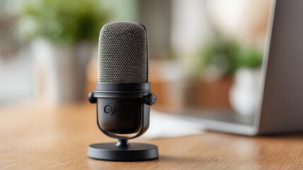 podcast microphone home studio — Close-up black desktop USB mic in calm minimal style with soft bokeh, modern workspace scene for podcasting, streaming, voiceover, content creation, and remote
