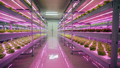 Thriving leafy greens grow indoors under vibrant LED lights, a modern agriculture innovation for sustainable food production and a future of fresh produce