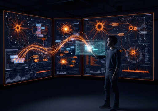 Man interacting with a large digital interface showing neural network patterns, big data analytics, and glowing information streams in a dark room. Futuristic user experience for IT, AI, server.