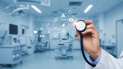 A doctor holds a stethoscope, overlaid with healthcare icons, in an operating room, representing medical technology and diagnostics - Powered by Adobe