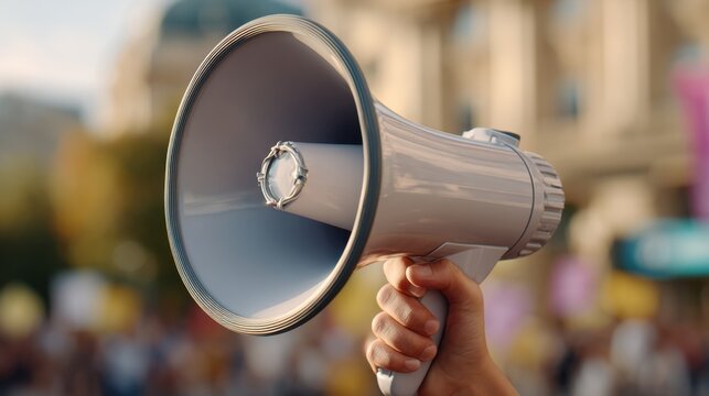 Protest megaphone raised by determined hand, blurred crowd; candid shallow focus; activism rally image amplifies communication, announcement, democracy, freedom, and solidarity in a call to - Powered by Adobe