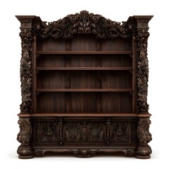 Intricately carved dark wood antique bookcase with ornate details and shelves