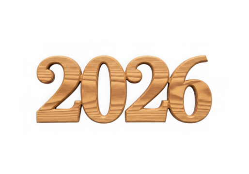 Wooden 2026 numbers isolated on transparent background for upcoming new year - Powered by Adobe