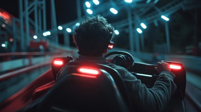 Exhilarating adventure: A thrilling ride on a illuminated roller coaster at night evokes feelings