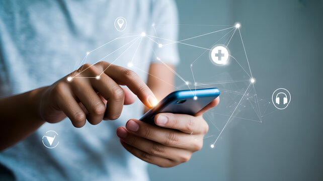 Close up of a person s hands using a smartphone with glowing digital network connections and icons overlayed - Powered by Adobe