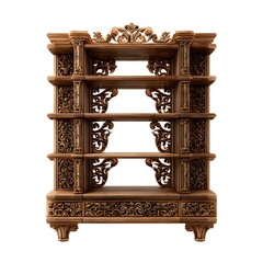 Ornate antique wooden display shelf with intricate carvings and four tiers