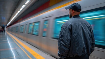 Subway platform commuter in reflective pause as train rushes past, cinematic urban motion blur and modern travel concept for transport, mobility, and city lifestyle