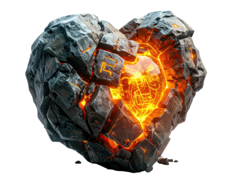 A heart-shaped rock structure, cracked open to reveal glowing fiery core with carved runes